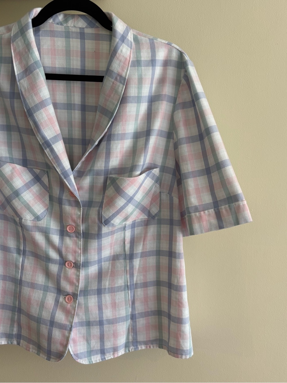 30.) Vintage / Handmade /  Pastel Plaid /  Short-Sleeve Button Down Shirt